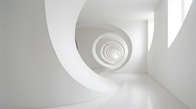 Minimalist Corridors Off-Center View of Distorted Spiraling Pure White Walls