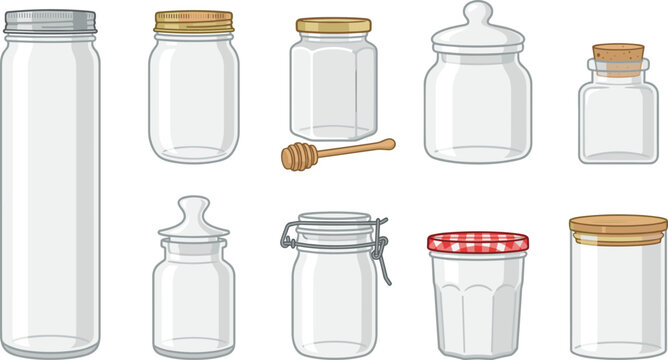 Empty glass jar vector set featuring mason jars cookie containers jam pots honey bottles and airtight canisters with lids for kitchen storage designs