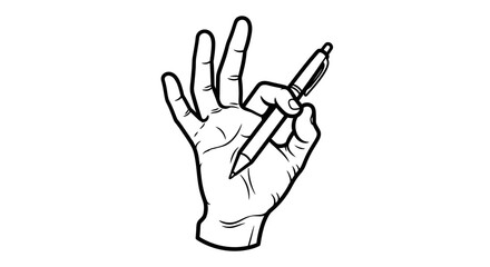 Fototapeta premium A black and white line art illustration of a hand holding a pen.