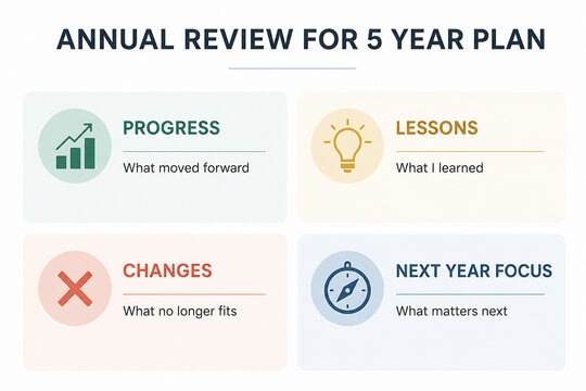 A graphic displays four sections for an annual review of a 5-year plan: Progress, Lessons, Changes, and Next Year Focus.
