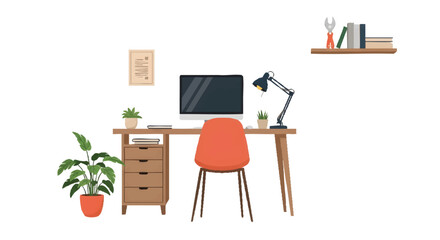 Fototapeta premium Modern Home Office Workspace Flat Vector Illustration with Desk, Computer, Chair, and Plants