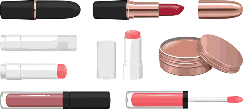 Lipstick and lip care makeup vector set featuring classic red tubes tinted balms gloss containers and pomade jars for beauty cosmetics product designs