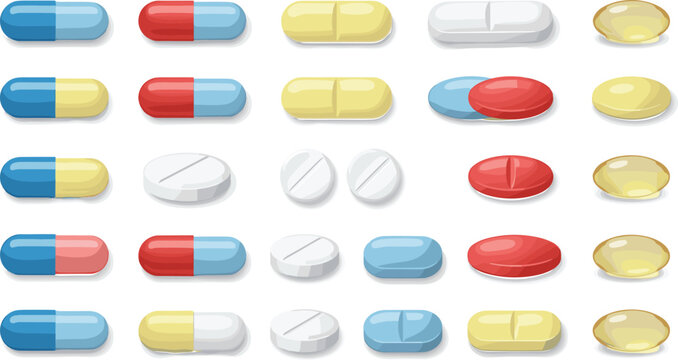Medical pill and capsule vector set featuring colorful tablets round medicine gel caps scored caplets and antibiotics for healthcare and pharmacy graphic designs
