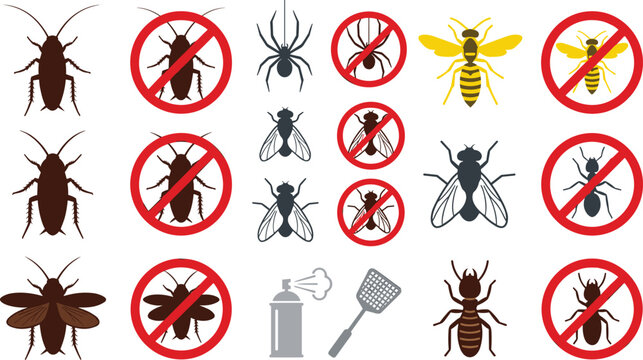Pest control vector icon set with prohibited insects including cockroaches spiders wasps flies ants and termites for extermination and hygiene graphic designs