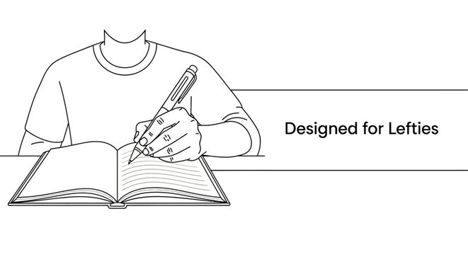 Line art illustration of a left handed person writing in a notebook.