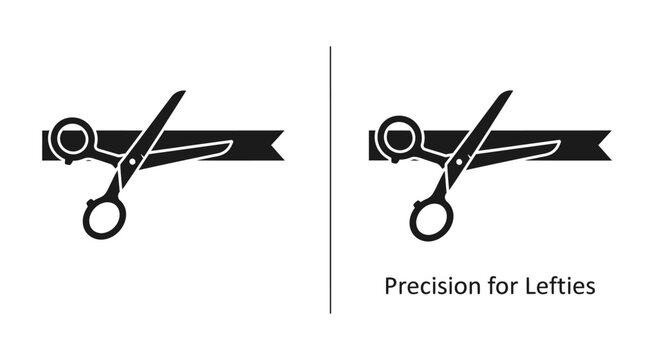 Two black scissor icons illustrating standard and left handed cutting precision.