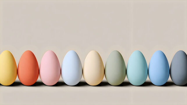 A row of colorful pastel easter eggs arranged in a line against a neutral beige background