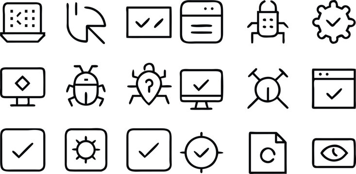 A collection of stylized icons representing various aspects of software development and technology, including bugs, checks, and computer interfaces.