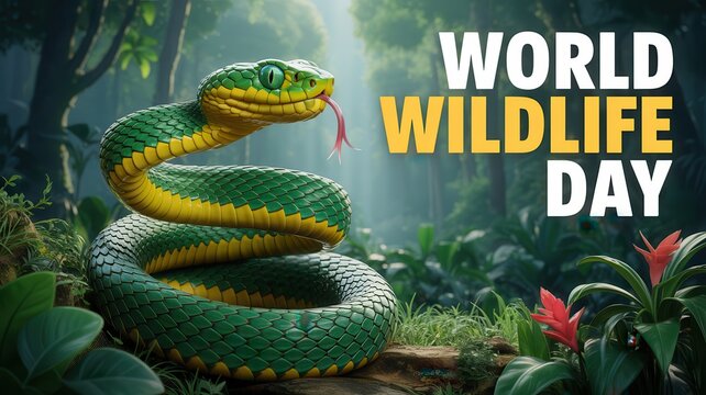 Majestic green and yellow snake coiled in a lush jungle for World Wildlife Day.