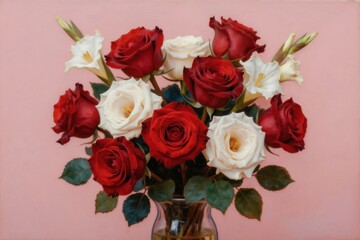 Fototapeta premium Oil painting showcases red roses and white gladioli in glass vase. Delicate flowers arranged on soft pink background. Floral artwork with rich texture and bloom.