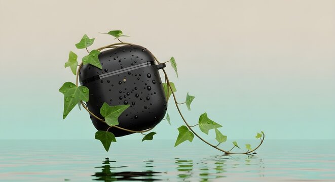 Black Electronic Case with Green Ivy Vine Floating Over Water, Eco-Friendly Waterproof Technology Concept