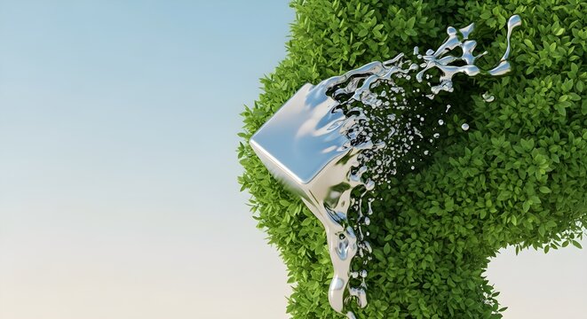 Metallic Liquid Cube Splashing from Green Bush Wall under Blue Sky, Futuristic Sustainable Eco Technology Concept