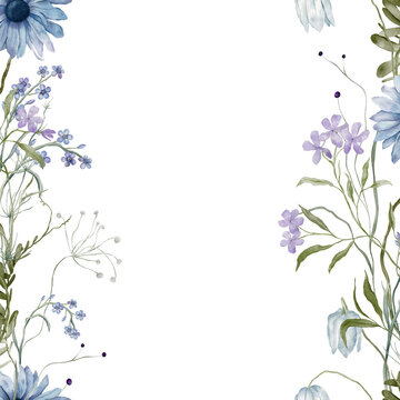 Square Banner watercolor illustration with violet and light blue wildflower botanical. Rectangular Frame with illustration forget-me-nots, daisy, chamomile, herbs on isolated background.