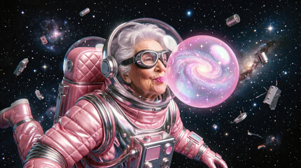 Naklejka premium Elderly woman astronaut in pink metallic suit blowing a translucent bubble containing a spiral galaxy, floating among space debris against starry background playful cosmic adventure concept