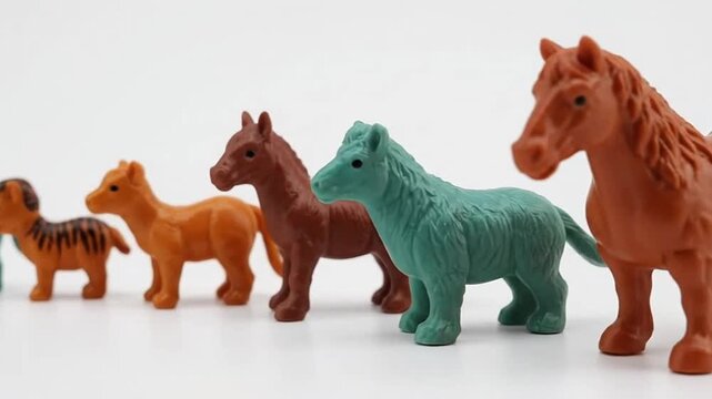 A row of colorful plastic animal toys.
