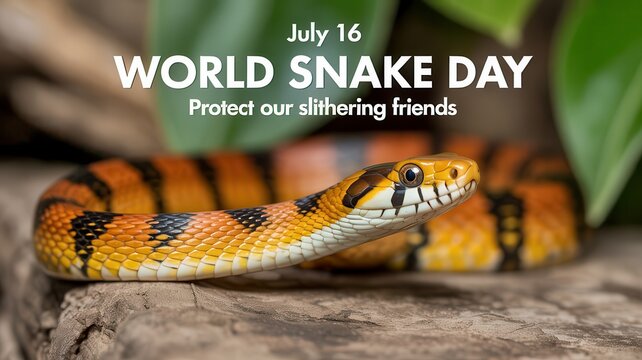 World Snake Day poster with a close up of an orange snake on a rock for July 16