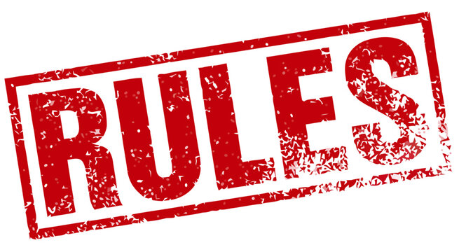 Red rubber stamp imprint with the word RULES clearly visible, conveying a sense of regulation and established order, symbolizing guidelines and legal requirements