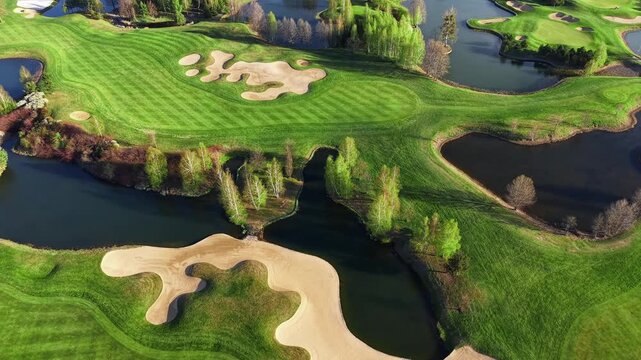 Green golf field with lakes and water features
