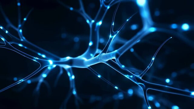 Abstract representation of neural connections with glowing blue nodes. Visualizing the complexity of brain activity and neural networks in technology and science