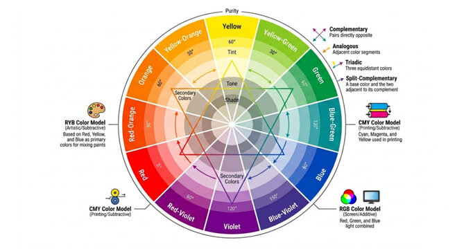 Color harmony wheel with complementary and analogous palette schemes