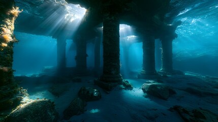 Fototapeta premium Submerged Ancient Temple A Mystical Underwater Realm Bathed in Turquoise Sunlight Reveals History
