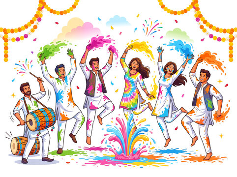  Festive Holi Color Powder Vector with Five Dancers Around Water Gun on Pure White Background