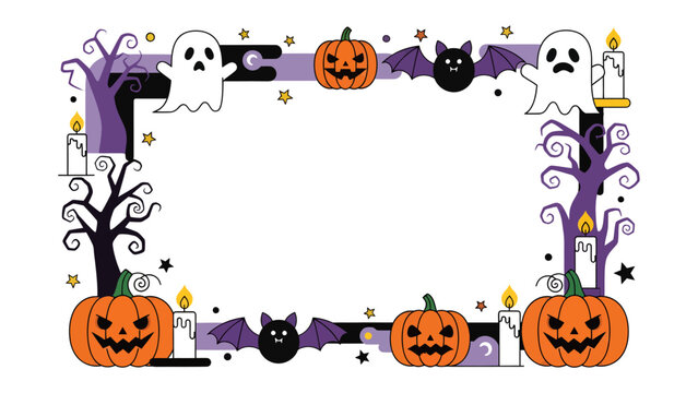 Halloween Photo Frame: A festive and spooky Halloween-themed photo frame adorned with jack-o'-lanterns, ghosts, bats, and spooky trees, perfect for capturing memorable holiday moments.