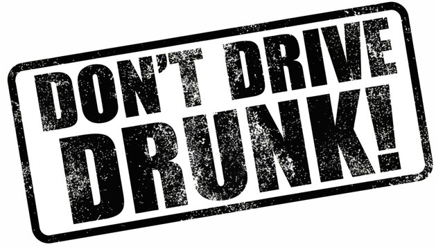 Grungy black and white rubber stamp graphic urging road safety and preventing driving under the influence of alcohol