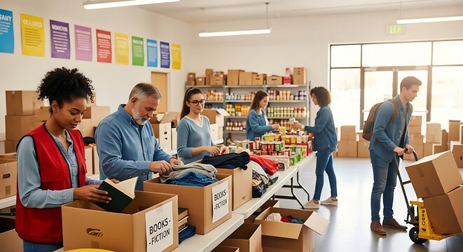 Volunteers sorting donations in a well lit community center environment