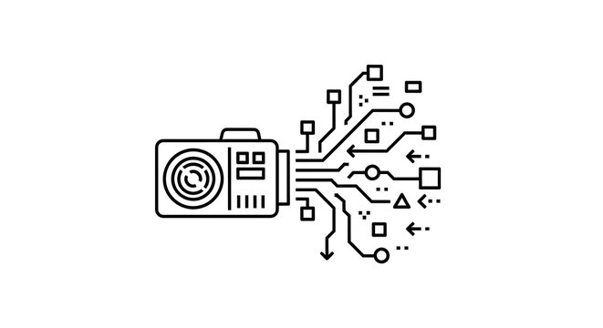 Digital camera icon with circuit board lines and data processing elements