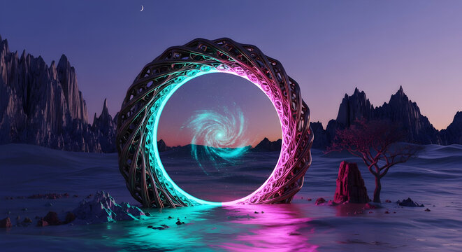 Mysterious glowing portal in a surreal alien landscape
