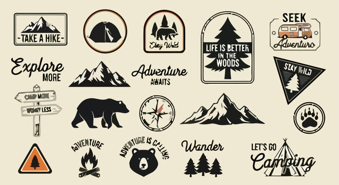 Vintage outdoor camping badges and adventure emblems set with mountains, bears, trees, and travel quotes