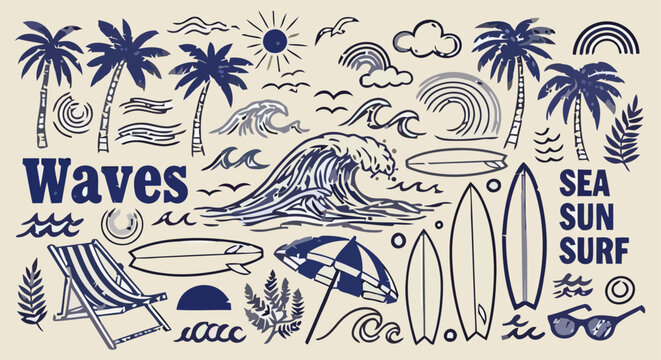 Hand drawn beach and surf elements set with ocean waves palm trees surfboards and summer vacation doodles