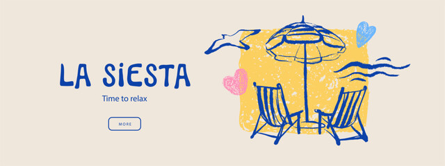 Mediterranean coastal vacation banner. Hand drawn sketch sea poster. Dolce vita summer vibe. Vintage summer crayon vector illustration © pim