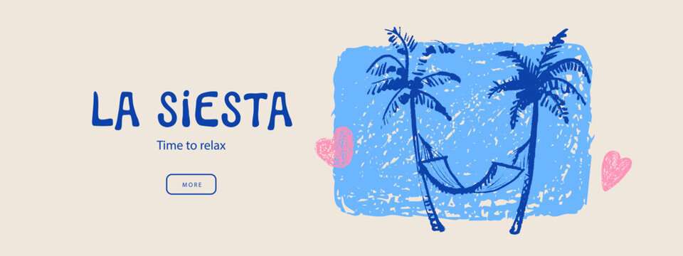 Italy Mediterranean coastal vacation banner with palms. Hand drawn sketch beach poster. Dolce vita summer vibe. Vintage summer crayon vector illustration