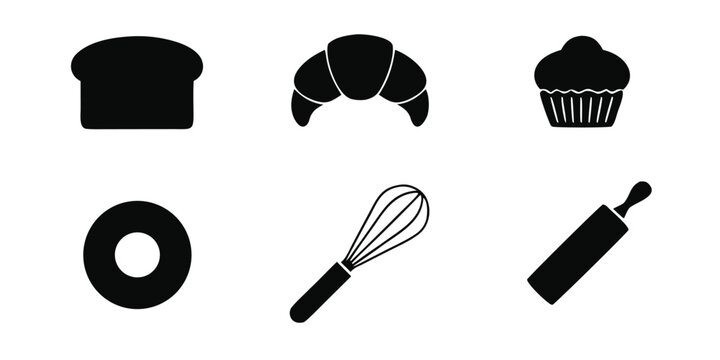 Black and white icons representing baking tools and pastries for design