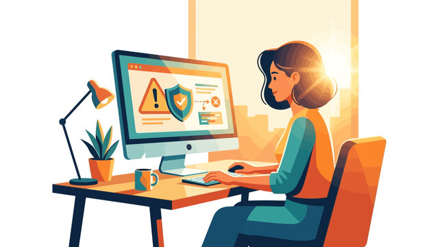 A woman working on a computer displaying a cybersecurity warning and shield icon in a bright office.