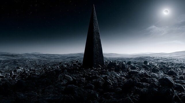Ancient monument rises on a desolate moonscape under distant starry skies inspiring cosmic wonder