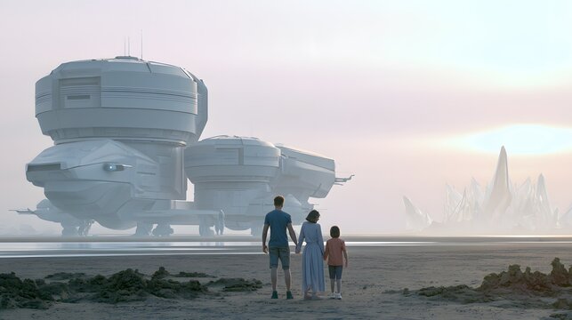 Family&rsquo;s Serene Journey Amidst Futuristic Vehicles on an Alien Beach Landscape