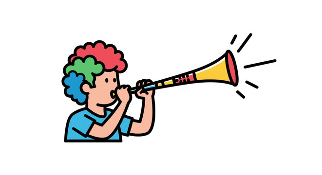Fan in rainbow wig blowing yellow vuvuzela horn.