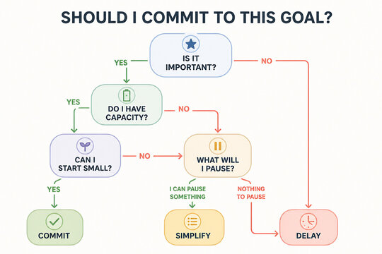 A flowchart illustrates a decision-making process titled SHOULD I COMMIT TO THIS GOAL?