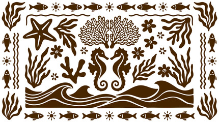 Vector Illustration Set of Marine Life Elements Featuring Seahorses Corals Seaweed Fish and Waves in Brown Silhouette Style © Pronob Kumar Ray