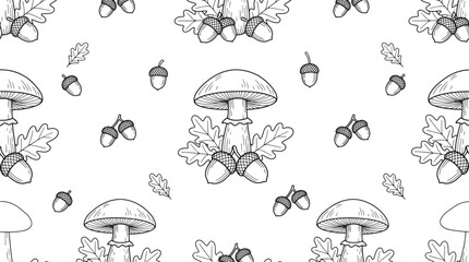 Mushroom and acorn line art seamless pattern with oak leaves autumn forest background © Taslima