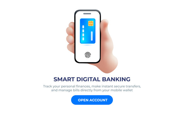 3d mobile payment banner template, vector realistic hand holding smart phone with credit card and fingerprint scan on screen for secure transaction or financial online banking