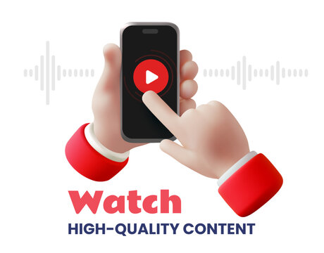 3d video streaming banner template, vector realistic hand holding smart phone with play button, audio wave and text for media broadcast, video streaming or podcast