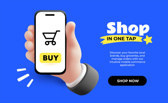 3d online shopping banner template, vector realistic hand holding smart phone with buy button and shopping cart with text for digital marketing or sale poster