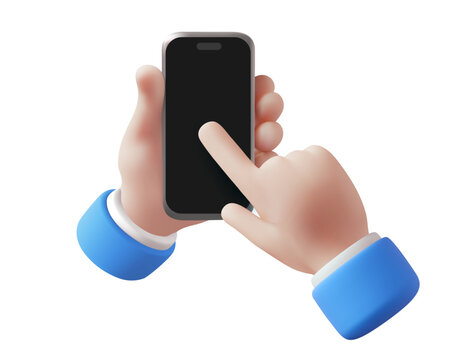 3d realistic hand holding smart phone with blank black screen mockup, vector user finger touching mobile phone for application presentation or app interface isolated on white