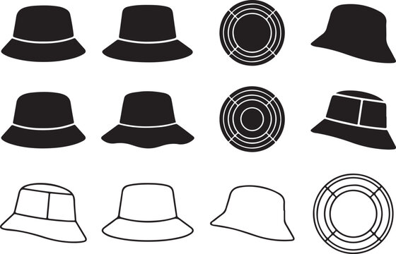 Black and white hat icons, vector bucket hats, fedora collection, 10 hat graphics