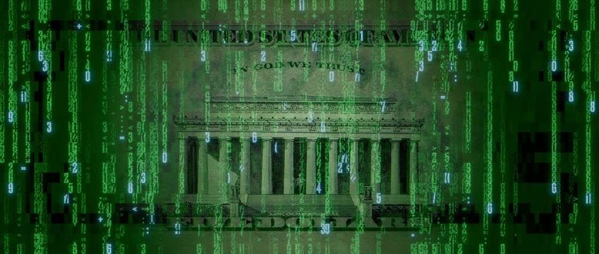 Digital Currency Concept with Five Dollar Bill made up of Animated Numbers and Symbols. Cryptocurrency Banking Wallpaper.