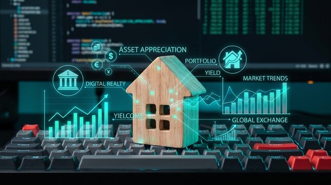 Digital real estate investment concept, wooden house model on computer keyboard with financial data overlay, proptech and asset appreciation analytics